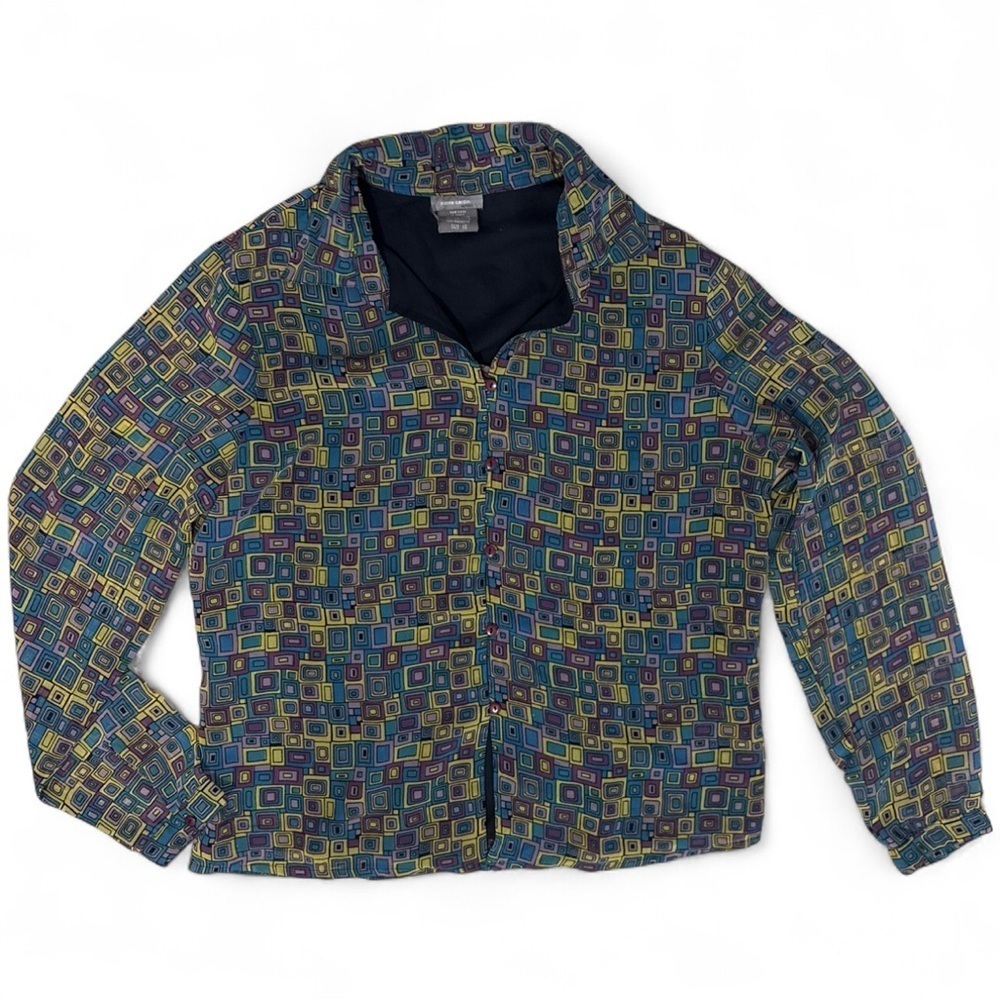 Vintage 90s Geometric Print Button Up Blouse Blue Yellow Retro Mod Top Size 10